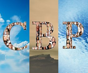 Image depicting a background consist an image of the elements air, land and sea with the acronym CBP. Within the letters “CBP” are a mosaic that make up the letters with various headshots of people with different racial/ethnic backgrounds.
