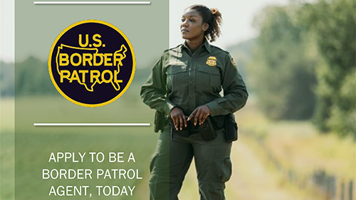 Female BPA stands in field. Text reads Apply to be a Border Patrol Agent today