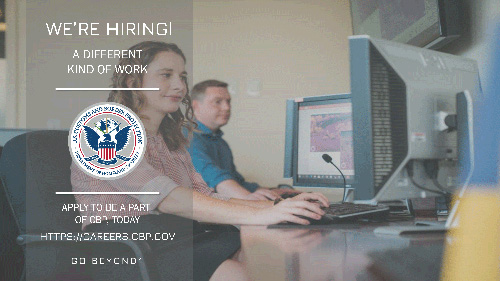 Woman and man at computers. Text reads We're hiring, a different kind of work. Apply to bea part of CBP today. Go Beyond