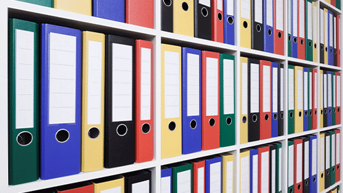 Shelves containing rows of binders.