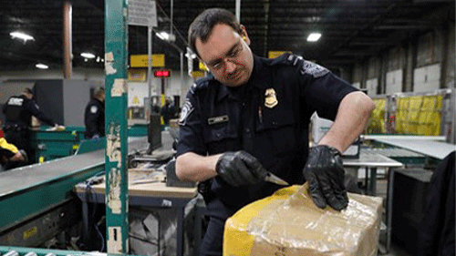 CBP Officer investigating package.