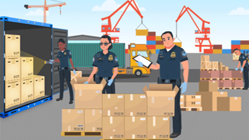 Animated video still of CBP officers investigating packages at a U.S. port.