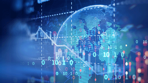 Blue and black data visualization dashboard showing graphs and world image.