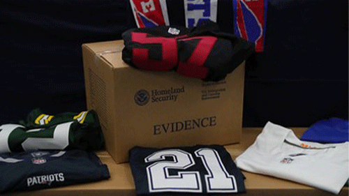 Display of counterfeit sports memorabilia.