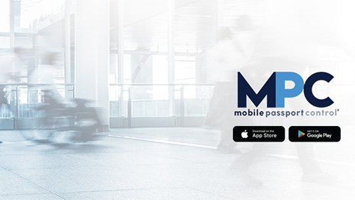 Travelers swiftly walking through airport. Apple App Store and Google Play icons below the MPC logo.