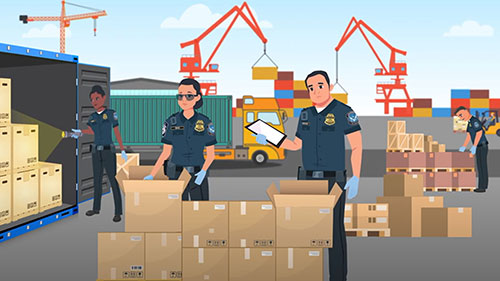 Illustration of CBP officers inspecting goods at shipping dock.