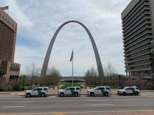 Some of the instructors from the Border Patrol Academy stopped by the St. Louis Arch as they drove cross-country from the academy home in Artesia, New Mexico, to points along the northern border. Photo by Supervisory Border Patrol Agent Jose Loza
