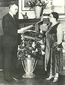 On Feb. 12, 1931, Anna C. M. Tillinghast is sworn-in by Judge Harold Williams for her second four-year term as district commissioner of immigration for the port of Boston.