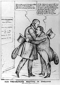 1838 cartoon showing Swartwout greeting a fellow embezzler in London.