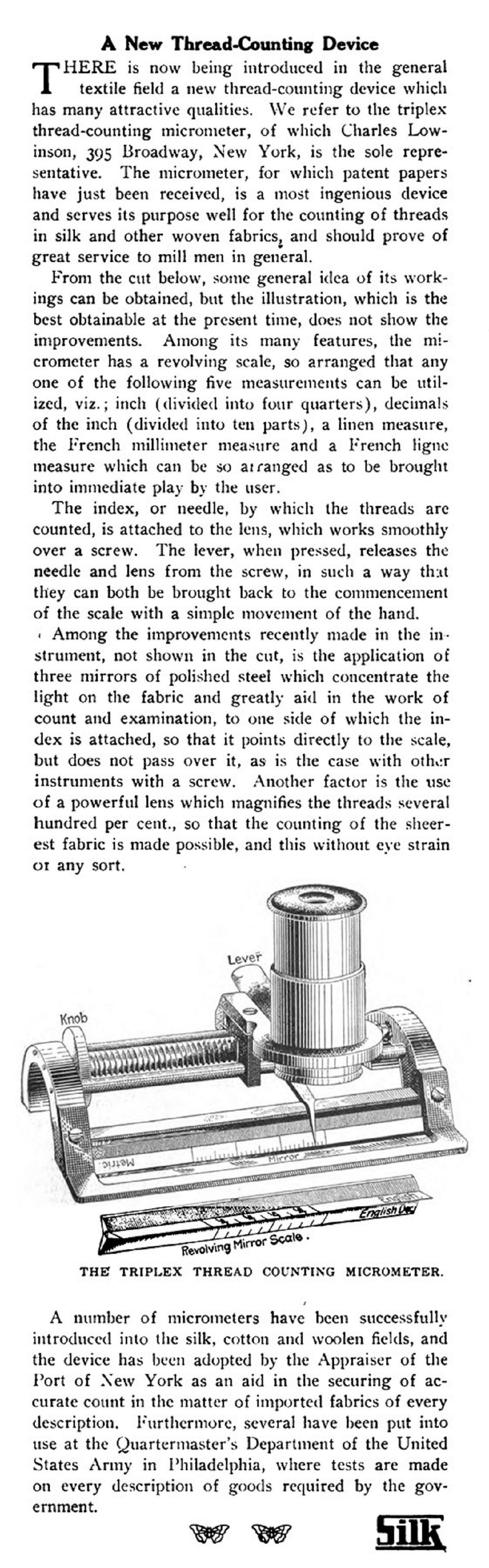 1909 Silk article titled "A New Thread-Counting Device"