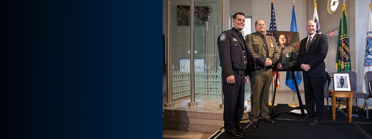 Acting CBP Commissioner Mark Morgan, and CBP Deputy Commissioner Robert Perez, congratulate Border Patrol Agent Jonathan Morales