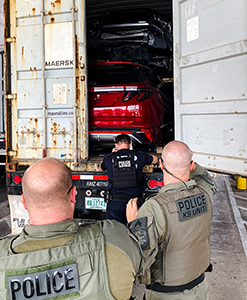 CBP led a multi-agency outbound operation to recover stolen vehicles and disrupt criminal organizations at the Port of Baltimore in August 2023. Operation Terminus netted 12 stolen vehicles and one farm combine valued at nearly $430,000 combined.