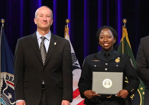 Troy A. Miller, Senior Official Performing the Duties of the Commissioner, presented Customs and Border Protection Officer Tahira Manns with the Commissioner’s Resiliency Award for 2023 during a ceremony at Constitution Hall in Washington, D.C., on April 22, 2024.