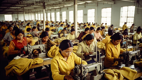 A large room full of women wearing yellow using sewing machines