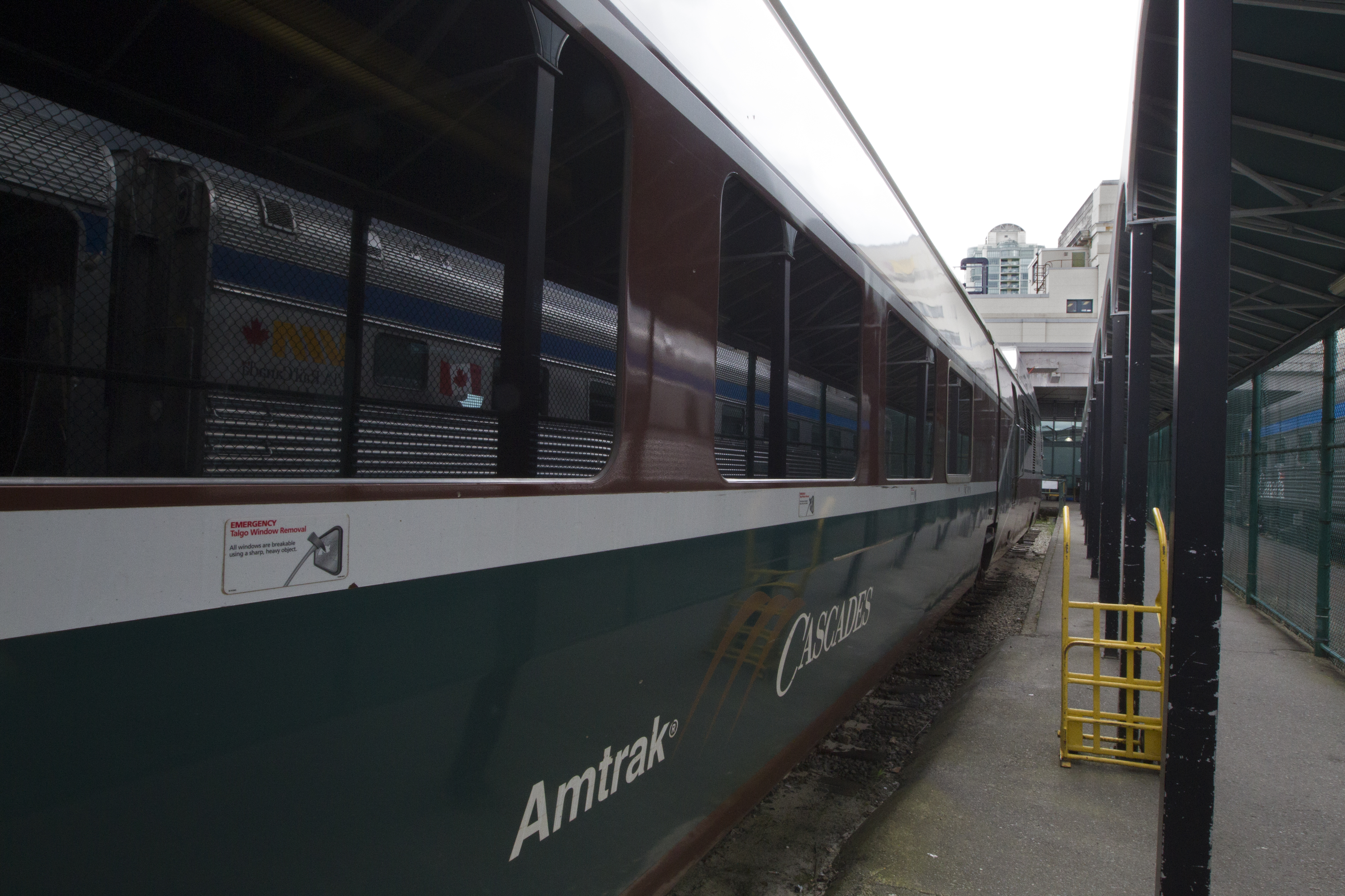 The Amtrak Cascades train, seen here in Vancouver’s Pacific Central Station, transports travelers who receive CBP pre-inspection processing to Seattle.