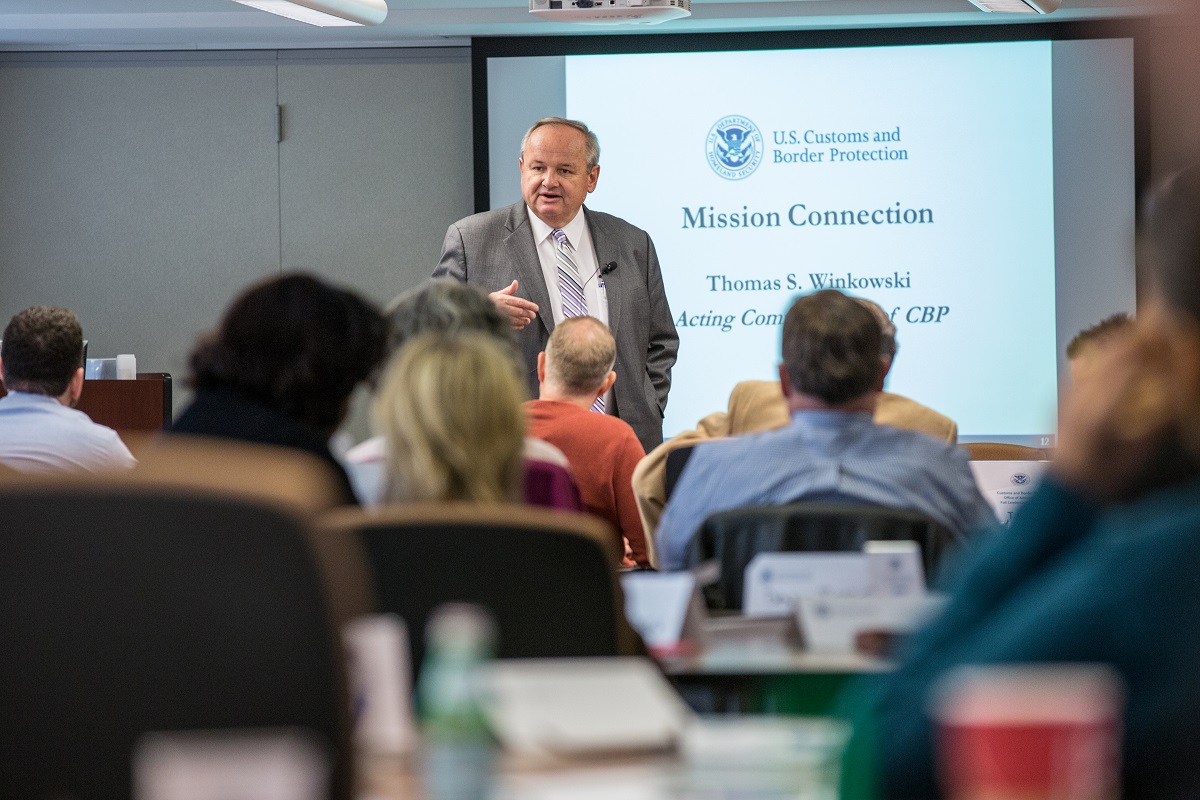 Acting Commissioner Thomas S. Winkowski address employees of the CBP administration office.