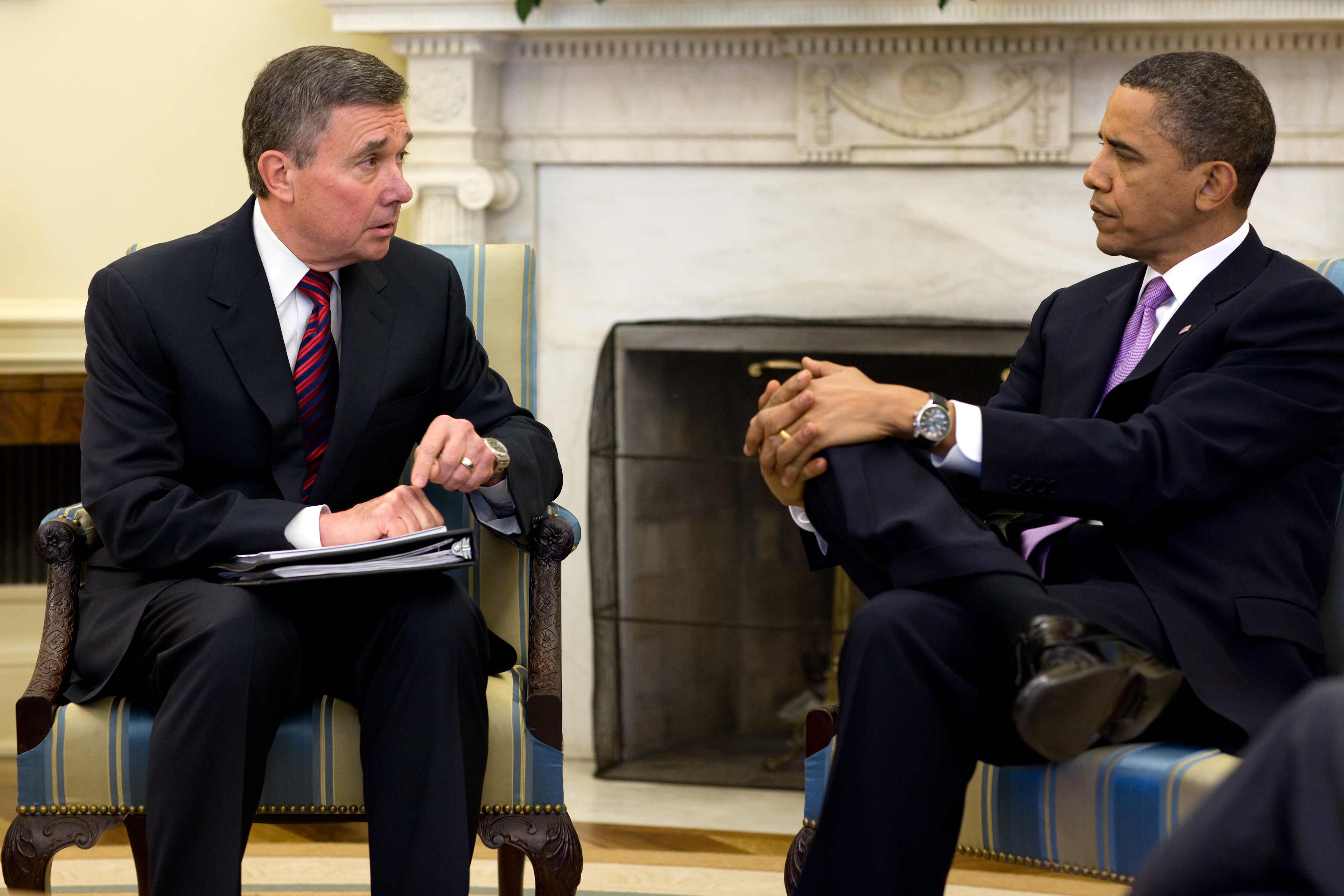 President Barack Obama discusses drug control strategy with R. Gil Kerlikowske in an undated photo from Kerlikowske's 2009-2014 tenure as director of the White House Office of National Drug Control Policy. Photo courtesy of Office of National Drug Control Policy.