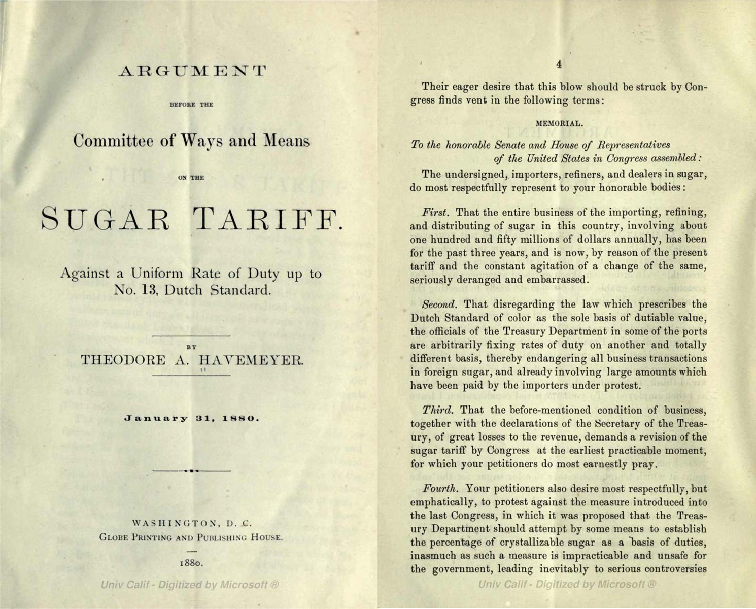Title page and excerpt from a pamphlet arguing against the sugar tariff, 1880.