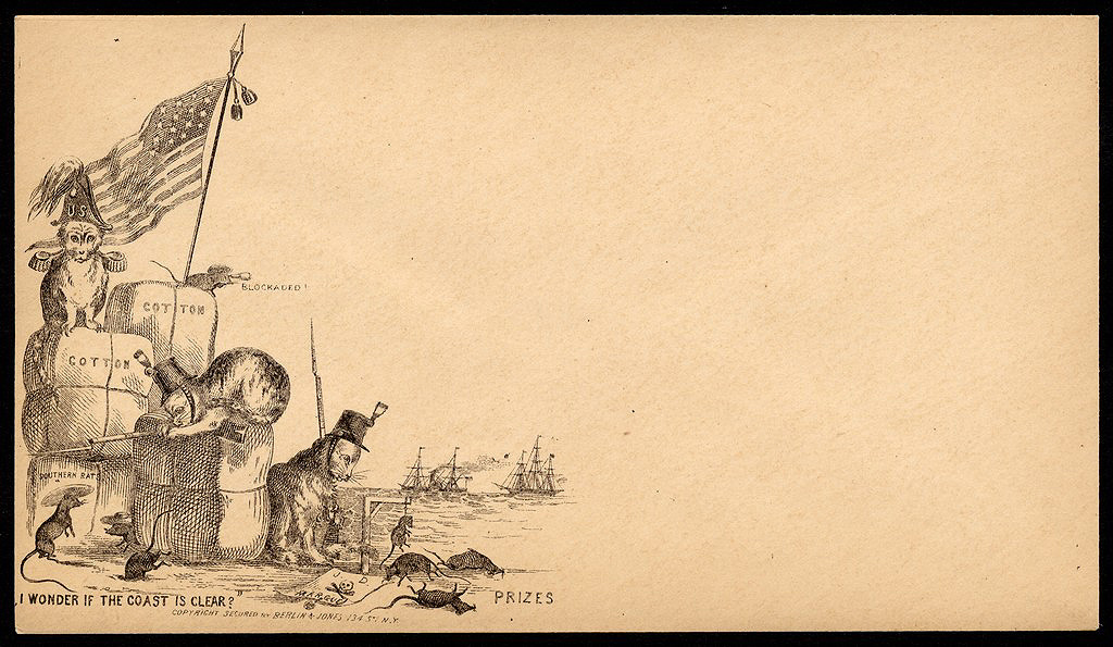 When he heard of plans to run the blockade with a shipment of bacon intended for the rebellion, U.S. Consul George Abbot wrote from England to In this cartoon illustration, Union military cats, atop bales of cotton, kill "Southern rats" at the blockaded port. (Civil War Treasures from the New-York Historical Society [nhnycw/aj aj08022])