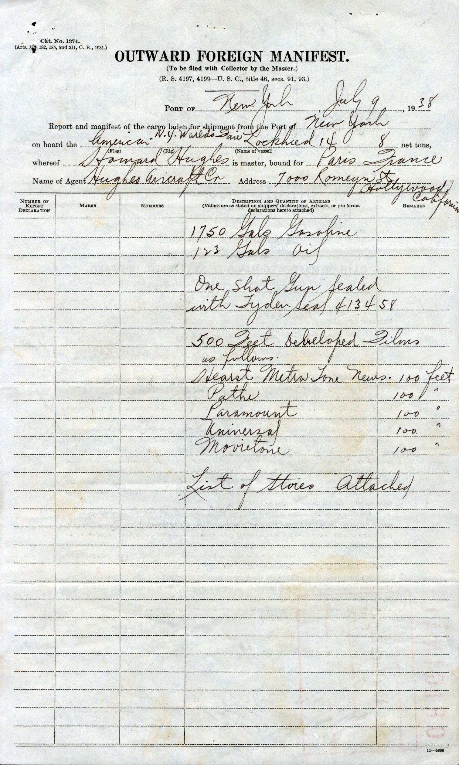 The "List of Stores" is not attached to the Hughes manifest, but we can speculate on what he carried based on his advance requests for the landing sites. Detailed in his flight operations manual, at Paris, Hughes asked for "15 gallons of Poland water in one or one half gallon bottles with unbroken seals, 12 quarts of pasteurized milk in one quart sealed bottles, 3 lbs. of fried chicken, 15 lbs. of dry ice, 5 gallons of hot coffee, ready to be poured in ship's thermos bottles, 5 hot dinners, individually packed, consisting of lamb chops, baked potatoes, and fresh string beans, and a container of coffee" along with oil, gasoline, and spare parts.