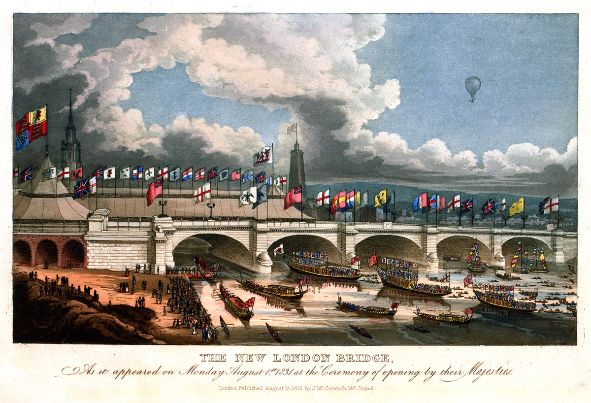 London Bridge across the Thames River in England on its first opening day, August 1, 1831. Library of Congress Prints and Photographs Division.