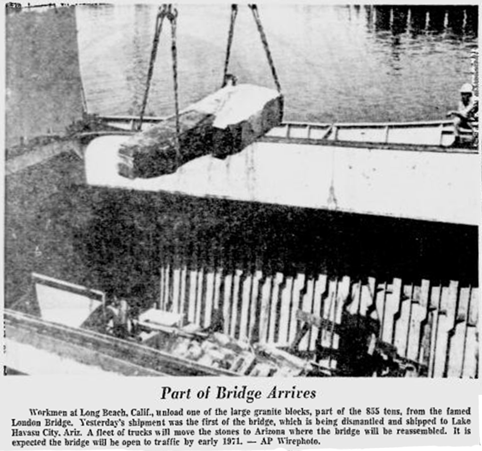 Shipments of bridge blocks from London to the port at Long Beach were made via Scandinavian freighters, including the Fossum out of Norway and container ships of Sweden's Johnson Line. Image from The Reading Eagle, July 5, 1968.