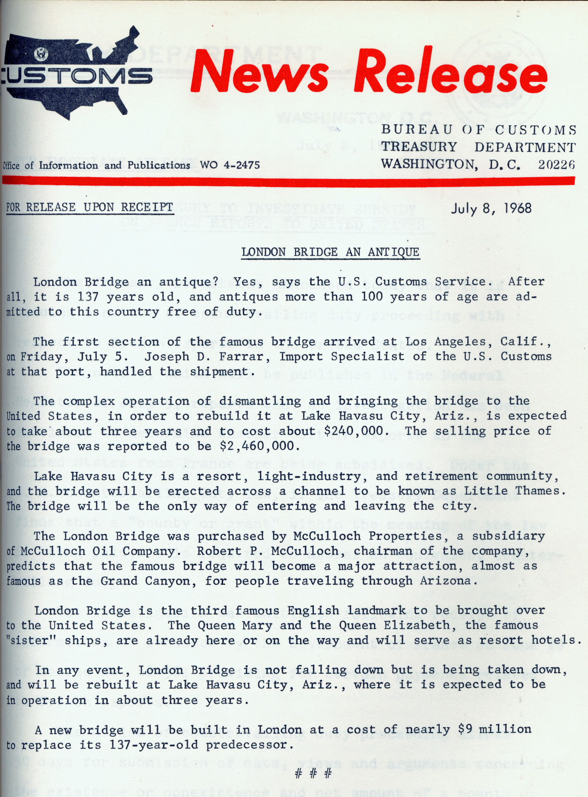 U.S. Customs Service news release from July 8, 1968 discussing that London Bridge was declared an antique. CBP Historical Collections.