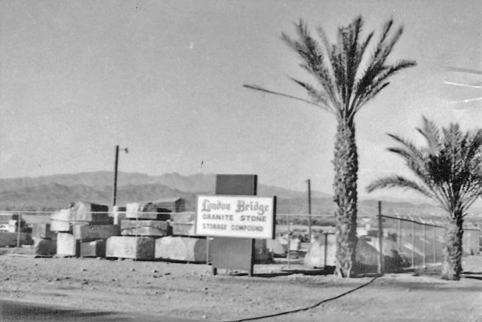 In Arizona, the granite was stored in a fenced-off area until needed during reconstruction. Courtesy of Lake Havasu Museum of History.