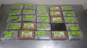 Packages containing 65 pounds of cocaine seized by CBP officers at Hidalgo Port of Entry.