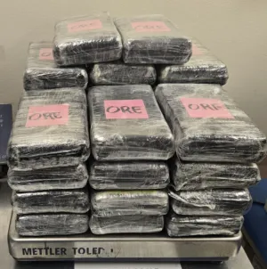 Packages containing 74 pounds of cocaine seized by CBP officers at Hidalgo International Bridge.