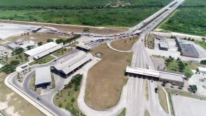 Aerial view of Veterans International Bridge at Los Tomates, shows area where additional vehicle primary, secondary inspection bays, new headhouse would be located.