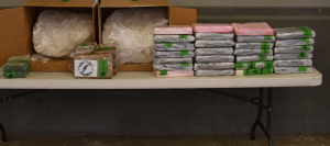 Packages containing 82.32 pounds of cocaine, 77.47 pounds of methamphetamine and 4.5 pounds of fentanyl seized by CBP officers at Colombia-Solidarity Bridge.