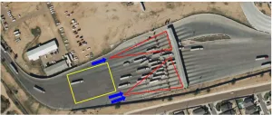 Una imágen que ilustra el flujo de tráfico durante la construcción de nuevos sistemas de inspección no intrusivos en el área de preprimaria de Puente de Comercio Mundial.