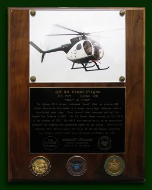 Plaque featuring helicopter and descriptive text