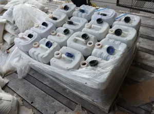 Plastic jugs containing 757 pounds of methamphetamine seized by CBP officers at Colombia-Solidarity Bridge.