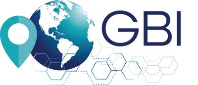 GBI Logo, A stylized globe next to a map marker and hexagon pattern