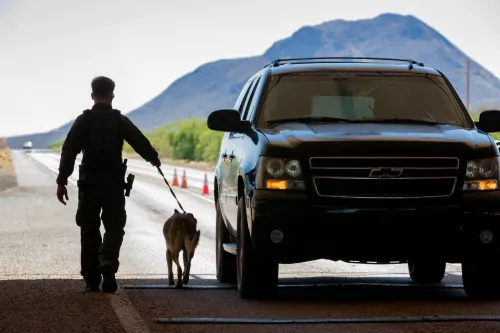 A Border Patrol agent and K-9 conduct operations in Arizona.