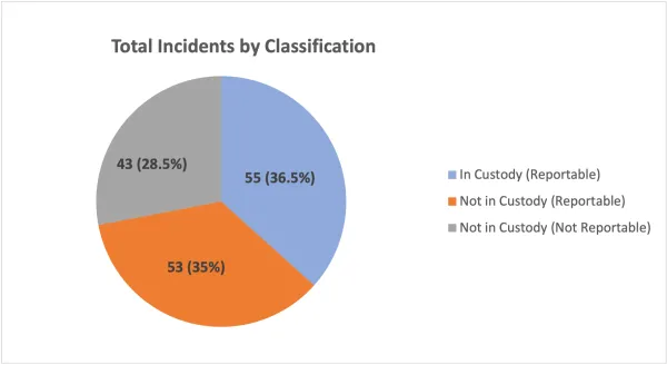 Total Incidents by classification pie chart of in custody deaths, not in custody, and not in custody/not reportable
