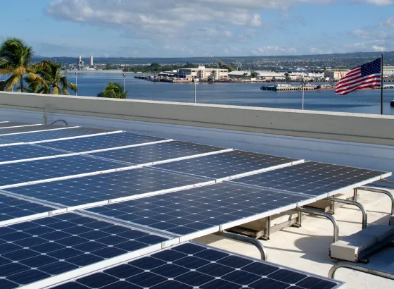 Photo of one of five solar rooftop installations at Pearl Harbor-Hickam military base in Hawaii.