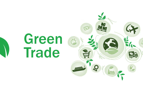 Image of green text that reads “Green Trade” with the CBP Green Trade logo of a globe with a leaf on the left. On the right, there are a variety of  green icons signifying trade and sustainability which include a stop watch with a lead, a clothing tag with a leaf, packages on a conveyer belt, a green airplane, a plug with a leaf, a factory with a lead, a ship with a leaf, a shopping cart with a leaf, and a globe with a leaf at the center of the image.