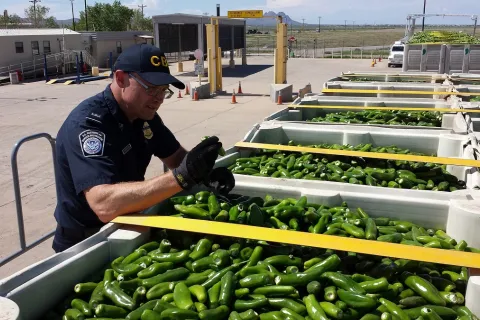 A CBP officer inspects a huge shipment of peppers arriving through El Paso, Texas.