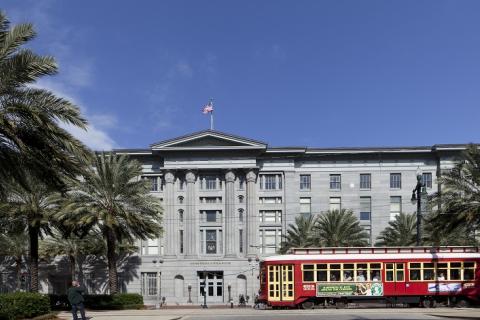 The exterior of the historic New Orleans Custom House upon reopening following reapairs of damage caused by Hurricane Katrina.