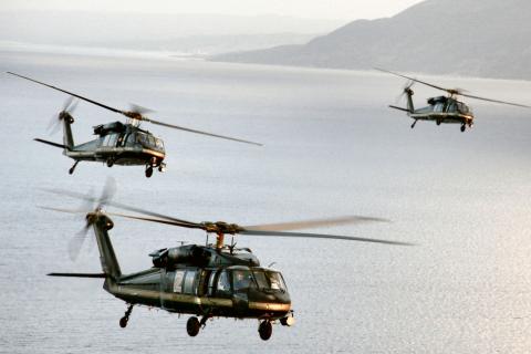 A group of CBP UH-60 Black Hawk helicopters on patrol in the Caribbean.
