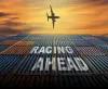 Plane flying above shipping container with text Racing ahead.