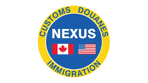 Nexus logo Customs Douanes Immigration with Canadian and US flag. Links to DHS.gov Trusted Traveler Programs.