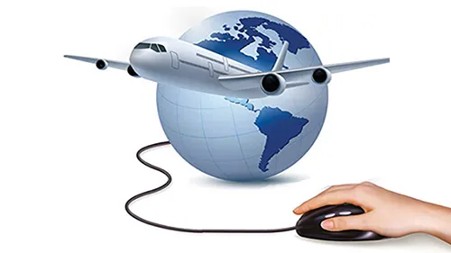 Globe with plane circling, connected to hand using a mouse