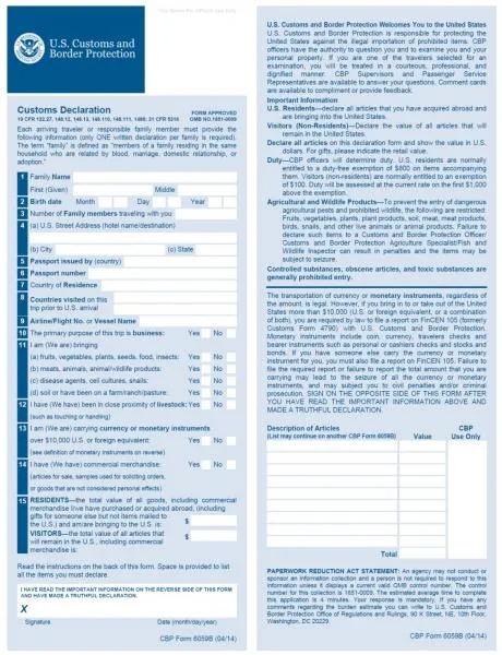 Sample Customs Declaration 6059B
