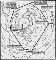 A map detailing the advance planning necessary to pass over or land on foreign soil. In a race for a world record, prior arrangements for food, fuel and any needed repairs were essential to minimize time on the ground at each stopover. 