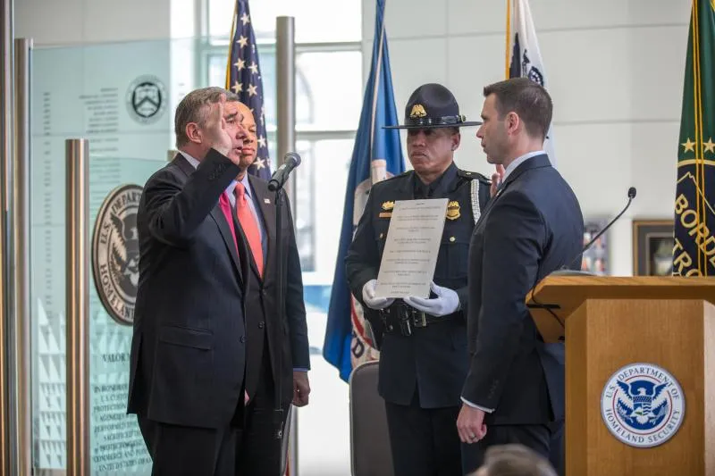 CBP Commissioner R. Gil Kerlikowske (left) officially swears in Kevin K. McAleenan (right) as CBP Deputy Commissioner – the agency’s chief operating official – March 18 during a ceremony at CBP headquarters in Washington, D.C.