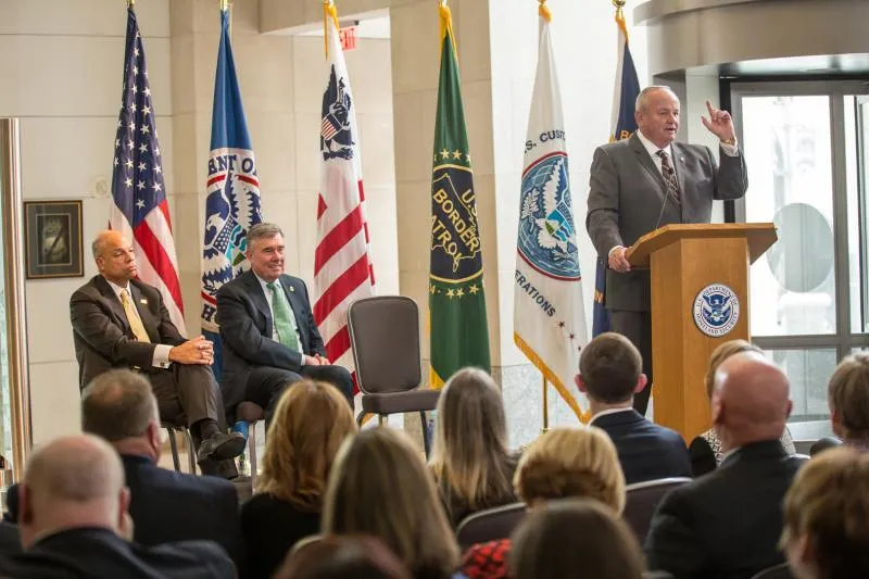 Former CBP Acting Commissioner Thomas S. Winkowski speaks to family, friends and colleagues at a retirement ceremony celebrating his nearly 40 years of service.